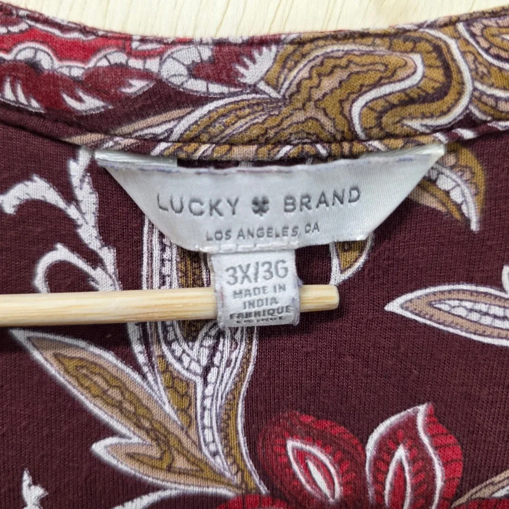 Lucky Brand Womens 3X Burgundy Floral Paisley 3/4 Sleeve Boho Tunic Blouse